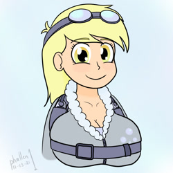 Size: 800x800 | Tagged: safe, artist:phallen1, imported from derpibooru, derpy hooves, human, breasts, bust, busty derpy hooves, cleavage, clothes, cutie mark, cutie mark on clothes, female, goggles, humanized, parachute, simple background