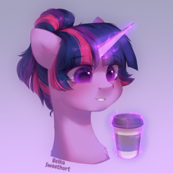 Size: 2300x2300 | Tagged: safe, artist:anku, imported from derpibooru, twilight sparkle, pony, unicorn, alternate hairstyle, bust, coffee, coffee cup, collaboration, collaboration:too many twilight, cup, female, glowing, glowing horn, head, high res, horn, portrait, short hair, solo, unicorn twilight