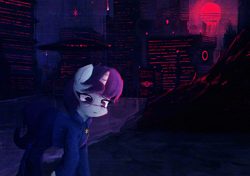 Size: 2028x1424 | Tagged: safe, artist:menalia, imported from derpibooru, oc, oc only, oc:quiet destiny, pony, unicorn, aesthetics, chromatic aberration, city, clothes, cyberpunk, female, mare, mountain, night, pants, police, police badge, sad, shirt, skyscraper, solo, water