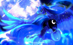 Size: 875x535 | Tagged: safe, artist:dolorosacake, imported from derpibooru, princess luna, alicorn, pony, butt, female, flying, hooves, moon, plot, smiling, solo, underhoof, wings