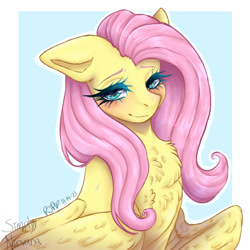 Size: 1280x1280 | Tagged: safe, artist:imartist22, imported from derpibooru, fluttershy, pegasus, pony, blushing, bust, chest fluff, cute, female, looking at you, mare, outline, shyabetes, solo, three quarter view, white outline, wings