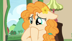 Size: 1280x720 | Tagged: safe, imported from derpibooru, screencap, pear butter, earth pony, pony, season 7, the perfect pear, cute, female, heartbreak, hoof over mouth, pearabetes, reaction image, sad, solo