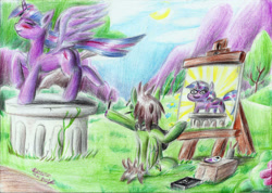 Size: 2338x1661 | Tagged: safe, artist:3500joel, imported from derpibooru, twilight sparkle, alicorn, pegasus, pony, blushing, duo, easel, female, male, painting, pedestal, spread wings, squatpony, traditional art, twiggie, twilight sparkle (alicorn), wings