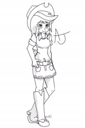 Size: 1280x1921 | Tagged: safe, artist:genericmlp, imported from derpibooru, applejack, equestria girls, female, lineart, monochrome, simple background, solo, white background