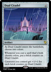 Size: 375x523 | Tagged: safe, edit, imported from derpibooru, shadow play, castle, castle of the royal pony sisters, ccg, magic the gathering, rain, trading card, trading card edit