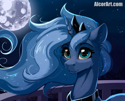 Size: 1000x807 | Tagged: safe, artist:alcor, imported from derpibooru, princess luna, alicorn, pony, balcony, bust, ethereal mane, explicit source, female, full moon, mare, moon, night, portrait, smiling, solo, starry mane
