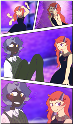 Size: 455x768 | Tagged: safe, artist:metaruscarlet, imported from derpibooru, moondancer, star bright, human, blushing, clothes, comic, dancing, dark skin, dress, eyes closed, falling, female, flustered, grin, humanized, looking at each other, male, missing accessory, moonbright, one eye closed, pants, party, shipping, shirt, smiling, straight, vest
