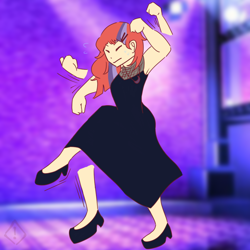 Size: 768x768 | Tagged: safe, artist:metaruscarlet, derpibooru exclusive, imported from derpibooru, moondancer, human, clothes, dancing, dress, eyes closed, female, high heels, humanized, missing accessory, party, shoes, solo