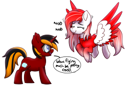 Size: 3017x2021 | Tagged: safe, artist:memeancholy, imported from derpibooru, oc, oc only, oc:making amends, oc:red flame, bat pony, pegasus, pony, unicorn, 11th anniversary, anniversary art, colored wings, duo, female, flying, glasses, happy, high res, horn, nodding, simple background, smiling, speech, speech bubble, standing, talking, transparent, transparent background, two toned wings, wings