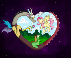 Size: 3200x2600 | Tagged: safe, artist:takutanuvataio, imported from derpibooru, discord, fluttershy, draconequus, pegasus, pony, blushing, discoshy, duo, female, flower, flying, heart, high res, looking at each other, male, mare, open mouth, open smile, shipping, signature, smiling, smiling at each other, space, spread wings, straight, wings