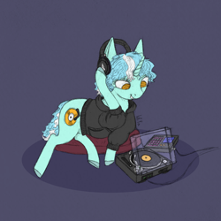 Size: 1400x1400 | Tagged: safe, artist:lef-fa, imported from derpibooru, lyra heartstrings, pony, unicorn, alternate cutie mark, clothes, dig the swell hoodie, female, headphones, hoodie, horn, lying down, prone, record player, simple background, solo