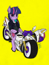 Size: 1300x1733 | Tagged: safe, artist:lef-fa, imported from derpibooru, twilight sparkle, alicorn, pony, female, helmet, motorcycle, simple background, solo, twilight sparkle (alicorn), yellow background