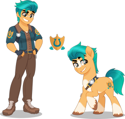 Size: 4000x3831 | Tagged: safe, artist:orin331, imported from derpibooru, hitch trailblazer, earth pony, human, pony, equestria girls, badge, bandaid, bandaid on nose, belt, blaze (coat marking), clothes, coat markings, cute, cutie mark, cutie mark on clothes, dreamworks face, equestria girls-ified, facial markings, fingerless gloves, g4, g5, g5 to equestria girls, g5 to g4, gloves, grin, hand on hip, handsome, high res, human ponidox, jacket, looking at you, male, movie accurate, my little pony: a new generation, pants, pose, raised hoof, self paradox, self ponidox, shadow, shoes, simple background, smiling, smiling at you, socks (coat markings), stallion, stupid sexy hitch trailblazer, transparent background, unshorn fetlocks