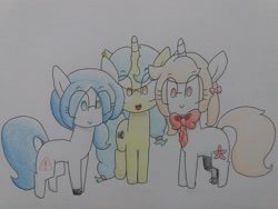 Size: 2064x1548 | Tagged: safe, artist:cherro, imported from derpibooru, oc, oc only, oc:cherry blossom, oc:mal, oc:viewing pleasure, earth pony, pony, unicorn, traditional art