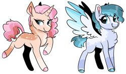 Size: 2349x1381 | Tagged: safe, artist:moccabliss, imported from derpibooru, oc, oc only, pegasus, pony, unicorn, female, magical lesbian spawn, mare, offspring, parent swap au, parent:bow hothoof, parent:cloudy quartz, parent:cookie crumbles, parent:pear butter, parents:bowquartz, parents:cookiebutter