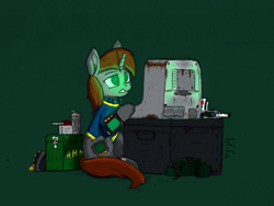 Size: 1500x1125 | Tagged: safe, artist:lef-fa, imported from derpibooru, oc, oc only, oc:littlepip, pony, unicorn, fallout equestria, ammobox, ammunition, bag, bandage, clothes, computer, crate, cropped, drink, female, glowing, glowing horn, green background, gritted teeth, gun, hacking, handgun, horn, jumpsuit, landmine, little macintosh, looking at something, mare, pipbuck, revolver, saddle bag, screwdriver, simple background, sitting, solo, terminal, three quarter view, traditional art, vault suit, water, weapon