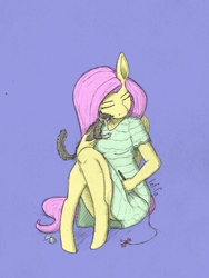 Size: 1500x2000 | Tagged: safe, artist:lef-fa, imported from derpibooru, fluttershy, anthro, cat, unguligrade anthro, cat toy, clothes, cropped, cute, daaaaaaaaaaaw, dress, eyes closed, female, folded wings, holding, kitten, shyabetes, simple background, sitting, solo, three quarter view, traditional art, wings