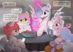 Size: 2560x1810 | Tagged: safe, artist:apple_nettle, imported from derpibooru, princess celestia, oc, alicorn, pegasus, pony, unicorn, bowl, cellphone, computer, cookie, cutie mark, female, food, glowing, glowing horn, hoof on chin, horn, laptop computer, magic, phone, smartphone, speech bubble, spread wings, table, telekinesis, wings