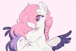 Size: 3543x2362 | Tagged: safe, artist:apple_nettle, imported from derpibooru, oc, oc only, pegasus, pony, chest fluff, female, freckles, high res, pink background, simple background, solo, spots, spread wings, wings