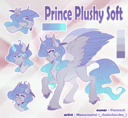 Size: 1800x1659 | Tagged: safe, artist:meowcephei, imported from derpibooru, oc, oc:prince plushy soft, alicorn, pony, alicorn oc, commission, fluffy, horn, male, mane, pastel, reference sheet, solo, wings