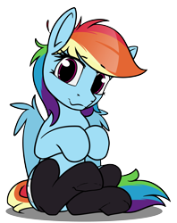 Size: 3800x4800 | Tagged: safe, alternate version, artist:dacaoo, imported from derpibooru, rainbow dash, pegasus, pony, absurd resolution, black socks, clothes, cute, dashabetes, eyebrows, eyebrows visible through hair, feathered wings, female, looking at you, mare, simple background, sitting, smiling, smiling at you, socks, solo, transparent background, underhoof, wing fluff, wings