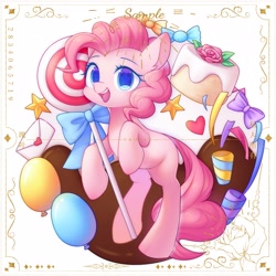 Size: 2500x2500 | Tagged: safe, artist:leafywind, imported from derpibooru, pinkie pie, earth pony, pony, balloon, cake, candy, colored pupils, cute, diapinkes, female, food, heart, high res, letter, lollipop, mare, missing cutie mark, obtrusive watermark, open mouth, sample, solo, starry eyes, stars, streamers, watermark, wingding eyes