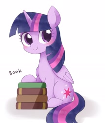 Size: 1532x1789 | Tagged: safe, artist:ginmaruxx, imported from derpibooru, twilight sparkle, alicorn, pony, blushing, book, bookhorse, cute, female, folded wings, mare, one word, simple background, sitting, solo, that pony sure does love books, twiabetes, twilight sparkle (alicorn), white background, wings