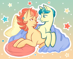 Size: 2587x2123 | Tagged: safe, artist:avatutina, imported from derpibooru, aunt holiday, auntie lofty, earth pony, pegasus, pony, blanket, canon couple, commission, cute, female, high res, lesbian, looking at each other, love, married couple, stars, ych result