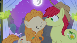 Size: 1280x720 | Tagged: safe, imported from derpibooru, screencap, bright mac, pear butter, earth pony, pony, season 7, the perfect pear, brightbutter, duo, female, kiss on the lips, kissing, male, mare, mare in the moon, moon, shipping, stallion, straight