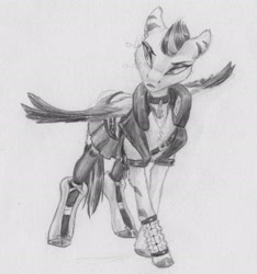 Size: 2229x2385 | Tagged: safe, artist:joestick, imported from derpibooru, zipp storm, cyborg, pegasus, pony, boots, choker, clothes, cyberpunk, eyeshadow, female, g5, high res, jacket, jewelry, makeup, mare, monochrome, my little pony: a new generation, pencil drawing, shoes, skirt, socks, stockings, thigh highs, traditional art
