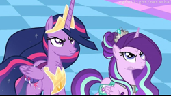 Size: 720x407 | Tagged: safe, artist:egtwilight, edit, edited screencap, imported from derpibooru, screencap, princess celestia, princess luna, starlight glimmer, twilight sparkle, alicorn, pony, princess twilight sparkle (episode), the last problem, alicornified, angry, bag, chaos, character swap, crown, discorded landscape, duo, duo female, female, folded wings, horn, jewelry, looking at something, mare, multicolored mane, multicolored tail, older, older twilight, peytral, princess twilight 2.0, purple eyes, race swap, redraw, regalia, starlicorn, tail, twilight sparkle (alicorn), wings