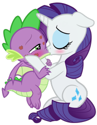 Size: 1132x1450 | Tagged: safe, artist:georgegarza01, imported from derpibooru, rarity, spike, dragon, pony, unicorn, blushing, duo, eyes closed, eyeshadow, female, floppy ears, green eyes, hooves on cheeks, horn, kiss mark, kiss on the lips, kissing, lipstick, makeup, male, mare, shipping, show accurate, simple background, sparity, straight, transparent background, vector, winged spike, wings