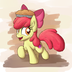 Size: 2250x2250 | Tagged: safe, artist:litrojia, imported from derpibooru, apple bloom, earth pony, pony, abstract background, chest fluff, ear fluff, female, filly, food, high res, open mouth, open smile, orange eyes, pie, red mane, red tail, smiling, solo, standing, standing on two hooves, tail