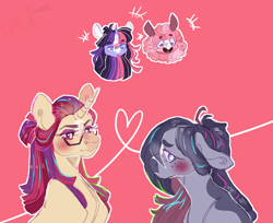 Size: 2000x1632 | Tagged: safe, artist:orphicswanart, imported from derpibooru, marble pie, moondancer, pinkie pie, twilight sparkle, earth pony, pony, unicorn, blushing, female, floppy ears, heart, lesbian, redesign, shipping, smiling