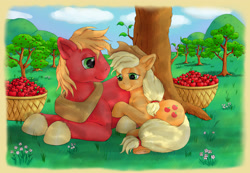 Size: 3614x2500 | Tagged: safe, artist:ratwhiskers, imported from derpibooru, applejack, big macintosh, earth pony, pony, apple, apple tree, basket, brother and sister, duo, female, flower, food, high res, lying down, male, mare, on side, orchard, prone, resting, siblings, smiling, stallion, tree