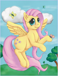 Size: 1400x1818 | Tagged: safe, artist:ratwhiskers, imported from derpibooru, fluttershy, butterfly, pegasus, pony, cloud, cute, female, flying, looking at you, mare, outdoors, shyabetes, smiling, solo, spread wings, wings