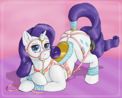 Size: 2987x2400 | Tagged: safe, artist:ratwhiskers, imported from derpibooru, rarity, pony, unicorn, bedroom eyes, bondage, breast collar, breeching, crupper, female, halter, harness, high res, horn, horn ring, martingale, reins, ring, saddle, sexy saddle, smiling, solo, tack, tail, tail wrap, tie down, tug (tack)