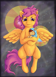 Size: 1400x1903 | Tagged: safe, artist:ratwhiskers, imported from derpibooru, scootaloo, oc, oc:lightning blitz, pegasus, pony, comic:ask motherly scootaloo, baby, baby pony, colt, crying, duo, female, holding a pony, lying down, male, messy mane, mother and child, mother and son, motherly scootaloo, newborn, offspring, older, older scootaloo, on back, parent:rain catcher, parent:scootaloo, parents:catcherloo, scar, tears of joy