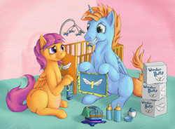 Size: 2178x1600 | Tagged: safe, artist:ratwhiskers, imported from derpibooru, scootaloo, oc, oc:harmony star, alicorn, pegasus, pony, ask pregnant scootaloo, alicorn oc, ask, baby bottle, crib, diaper, duo, female, horn, male, pacifier, pregnant, pregnant scootaloo, teen pregnancy, teenager, wings