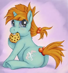 Size: 1200x1277 | Tagged: safe, artist:ratwhiskers, imported from derpibooru, snips, pony, unicorn, butt, chubby, cookie, female, filly, food, plot, rule 63, sitting, solo, sugar