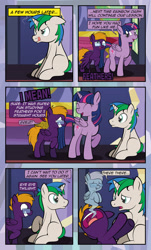 Size: 1920x3169 | Tagged: safe, artist:alexdti, imported from derpibooru, twilight sparkle, oc, oc:purple creativity, oc:star logic, alicorn, ghost, pegasus, pony, undead, unicorn, comic:quest for friendship, ^^, comic, derp, dialogue, eyes closed, female, floppy ears, folded wings, glasses, grin, horn, implied rainbow dash, looking at someone, magic, male, mare, multicolored mane, multicolored tail, nose in the air, open mouth, open smile, pegasus oc, purple eyes, raised hoof, shadow, shrunken pupils, sitting, smiling, speech bubble, stallion, tail, tongue out, twilight sparkle (alicorn), twilight's castle, two toned mane, underhoof, unicorn oc, walking, wings, wings down