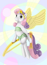 Size: 2199x3000 | Tagged: safe, artist:ratwhiskers, imported from derpibooru, sweetie belle, pony, unicorn, arrow, artificial wings, augmented, bow (weapon), clothes, cupid, female, filly, flying, heart arrow, high res, hoof hold, magic, magic wings, skirt, solo, wings