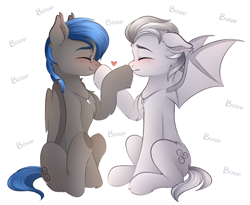 Size: 3775x3099 | Tagged: safe, artist:vetta, imported from derpibooru, oc, oc only, oc:jizlez, oc:nobrony, bat pony, pony, bat wings, blushing, boop, chest fluff, cute, cute little fangs, duo, duo male, eyebrows, eyes closed, fangs, floating heart, floppy ears, folded wings, glasses, heart, high res, hoof fluff, jewelry, male, necklace, simple background, sitting, smiling, spread wings, stallion, underhoof, white background, wings