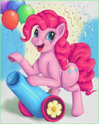 Size: 1400x1758 | Tagged: safe, artist:ratwhiskers, imported from derpibooru, pinkie pie, earth pony, pony, balloon, bipedal, bipedal leaning, confetti, female, leaning, open mouth, party cannon, solo