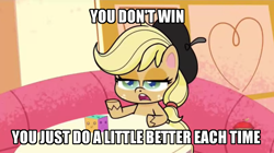 Size: 1276x715 | Tagged: safe, edit, edited screencap, imported from derpibooru, screencap, applejack, earth pony, pony, how applejack got her hat back, my little pony: pony life, beret, caption, family guy, female, g4.5, hat, image macro, open mouth, solo, sugarcube corner, text