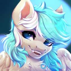 Size: 750x750 | Tagged: safe, artist:cabbage-arts, imported from derpibooru, oc, oc only, oc:frostyee, pegasus, pony, bust, chest fluff, commission, commissioner:frostyee, fangs, male, pegasus oc, portrait, smiling, solo