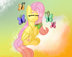 Size: 1280x1024 | Tagged: safe, artist:anastasiaplisetskaya, imported from derpibooru, fluttershy, butterfly, pegasus, pony, eyes closed, female, mug, ponytober, sitting, smiling, solo