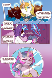 Size: 960x1440 | Tagged: safe, artist:cold-blooded-twilight, imported from derpibooru, prince blueblood, rarity, shining armor, twilight sparkle, semi-anthro, unicorn, cold blooded twilight, comic:cold storm, blushing, clothes, comic, dialogue, eyepatch, eyeshadow, fangs, female, flower, halo, magic, magic aura, makeup, mirror, petals, ponytail, rose, speech bubble, underhoof, unicorn twilight