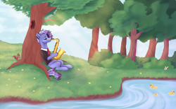 Size: 4000x2500 | Tagged: safe, artist:woowoli, imported from derpibooru, oc, oc only, oc:cyan legacy, bird, duck, pony, rabbit, squirrel, animal, crepuscular rays, duckling, eyes closed, male, musical instrument, river, saxophone, solo, tree, water