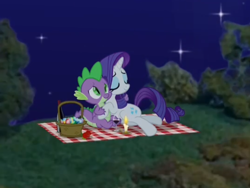 Size: 2160x1620 | Tagged: safe, artist:georgegarza01, edit, imported from derpibooru, rarity, spike, dragon, pony, unicorn, candle, eyes closed, female, gemstones, love, male, night, picnic, picnic blanket, romantic, shipping, show accurate, sparity, straight, tree, winged spike, wings, youtube link